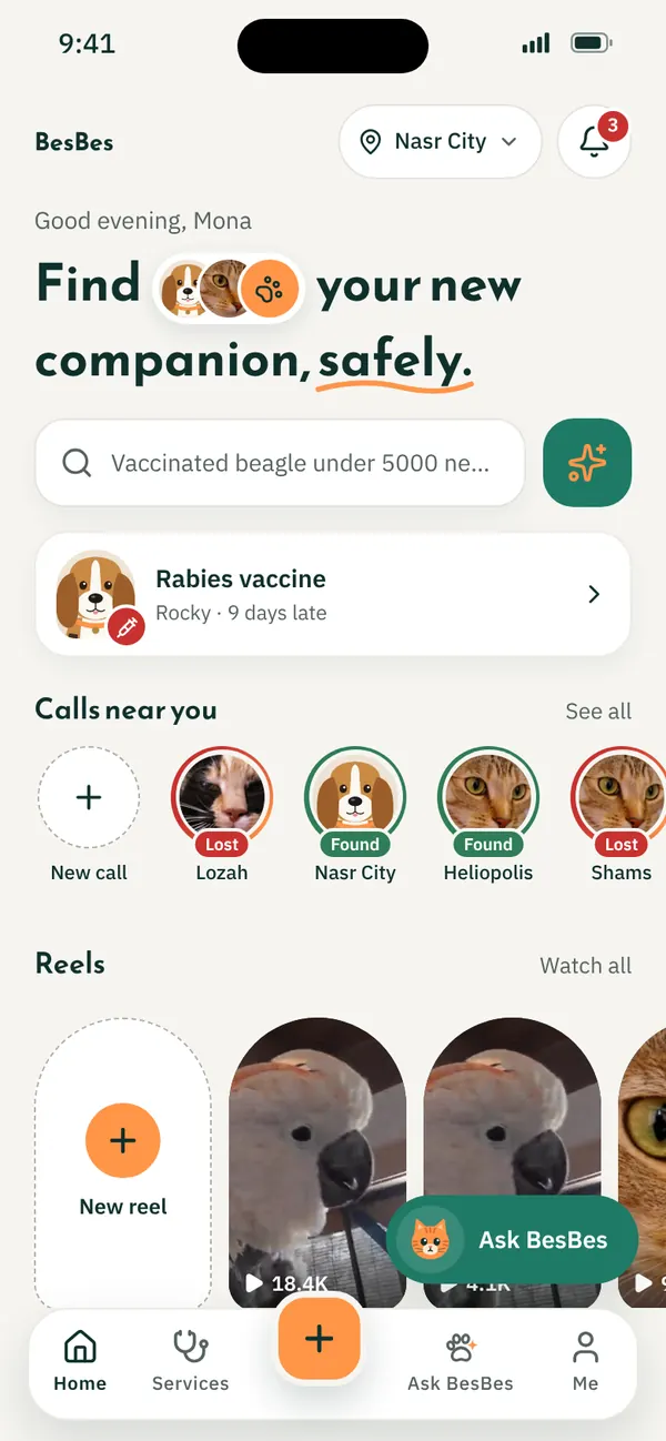 The BesBes home screen: calls and listings near you